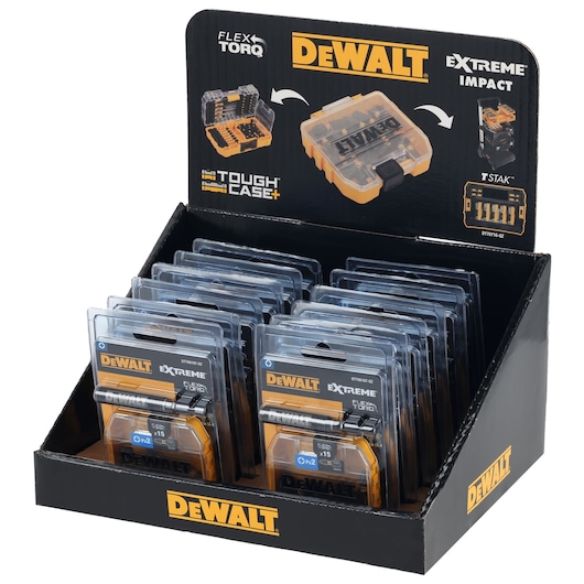 Display box with multiple DEWALT Extreme Impact FlexTorq bit sets in individual ToughCase+ packaging, suitable for heavy-duty impact drivers.