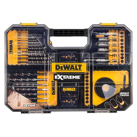 DEWALT Extreme drill and bit set in black and yellow plastic case with organized tools visible.