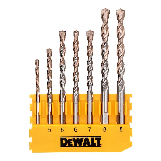 DEWALT drill bit set with seven bits in a yellow holder, each labeled with a size from 5 to 8.