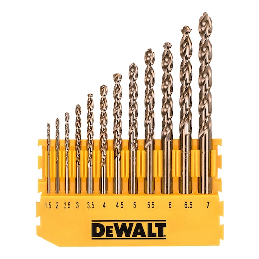 DEWALT drill bit set with sizes 1.5 to 7mm organized in a yellow holder.