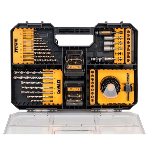 DEWALT drill and bit set in a black and yellow case, organized with various sizes and types of accessories.