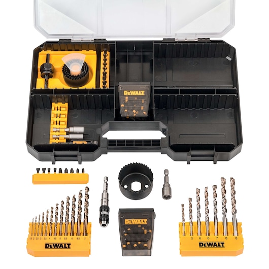 DEWALT drill and bit set with yellow cases and accessories in a black plastic storage box with clear lid.