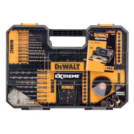 DEWALT Extreme drill and bit set in a transparent black and yellow carry case, organized for easy access.