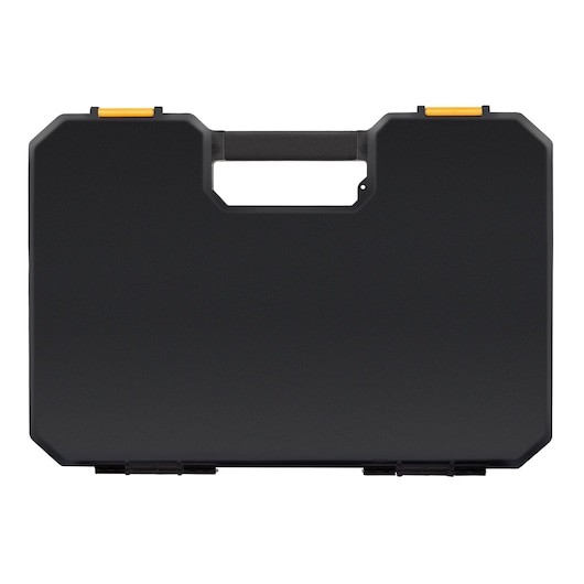 Black hard plastic tool case with yellow latches and a central handle, shown closed on a white background.