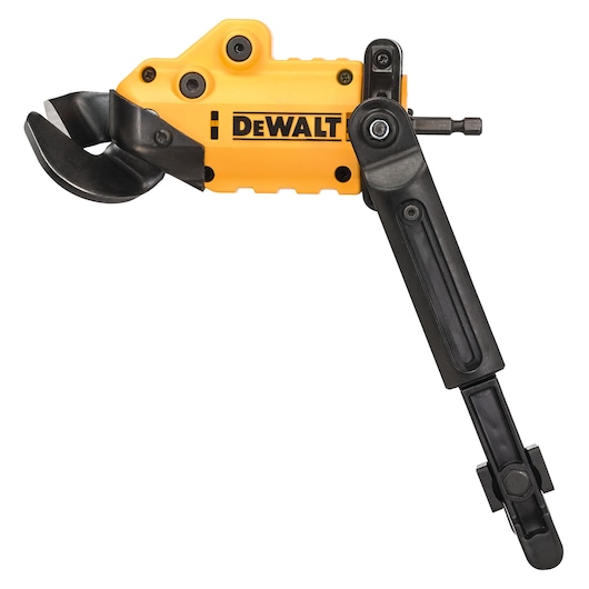 DEWALT DT70620 yellow metal cutting tool attachment with black arm and jaws for power drills.