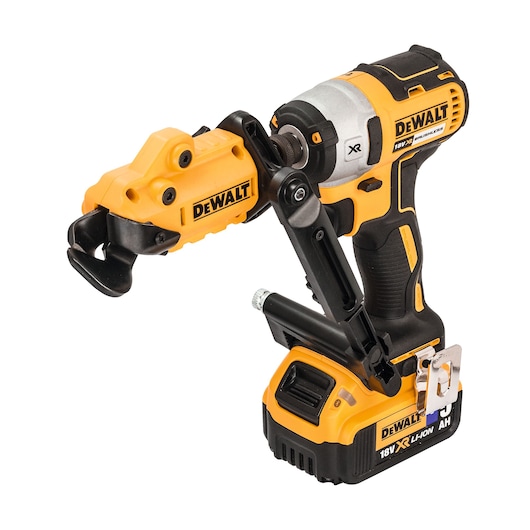 DEWALT DT70620 cordless impact driver with pipe cutter attachment, yellow and black.