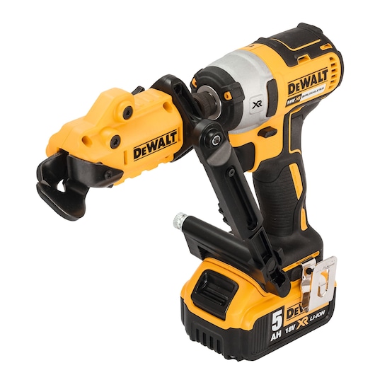 DEWALT DT70620 attachment mounted on a yellow cordless power tool with 18V battery.