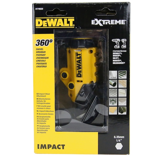 DEWALT DT70620 Extreme Impact Shear Attachment in retail packaging, compatible with multiple tool brands.