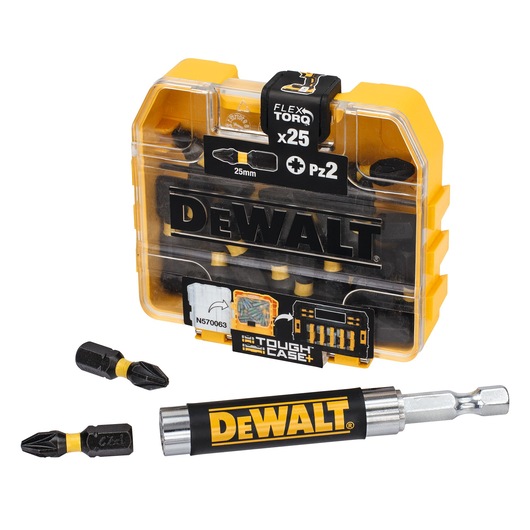 DEWALT DT70621T bit set with 25 PZ2 bits, Tough Case, and bit holder, shown with two separate bits.