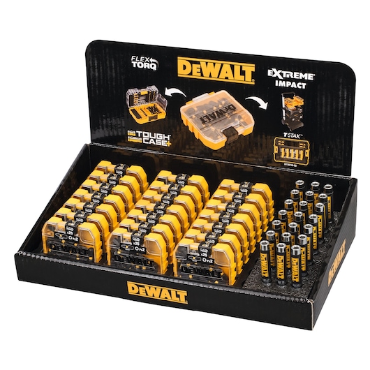 DEWALT display box with multiple yellow Tough Case+ containers and cylindrical tool accessories arranged neatly.