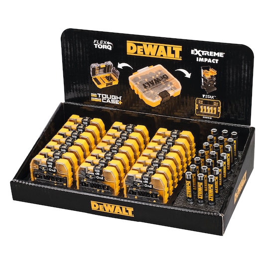 DEWALT DT70621T display with multiple tool bit cases and accessory packs, organized in a branded black and yellow box.
