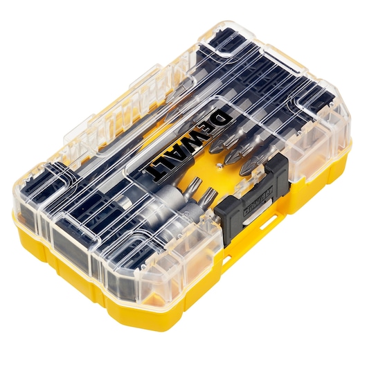 DEWALT yellow and transparent case with assorted screwdriver bits and accessories inside.