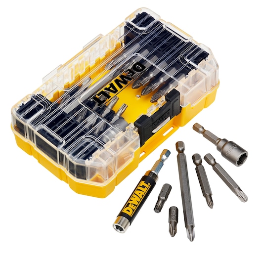 DEWALT yellow tool case with drill bits and accessories, some bits displayed outside the box on a white background.