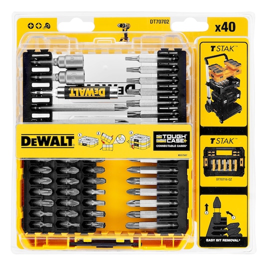 DEWALT DT70702 set of 40 drill and screwdriver bits in yellow and black connectable case.