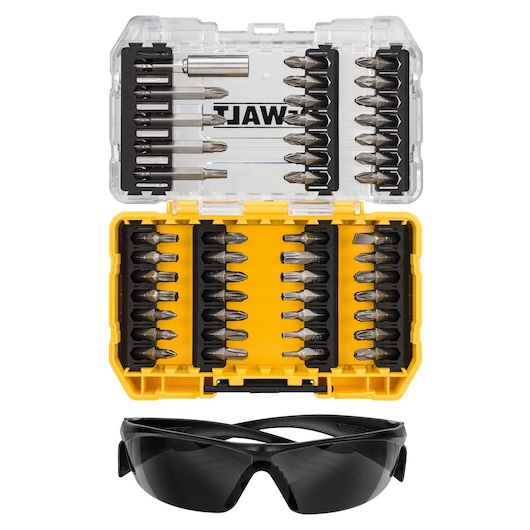 DEWALT bit set in a yellow case with assorted bits and black safety glasses, all displayed on a white background.