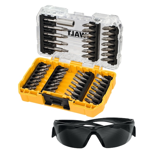 DEWALT bit set in yellow case with clear lid, and black safety glasses placed below.