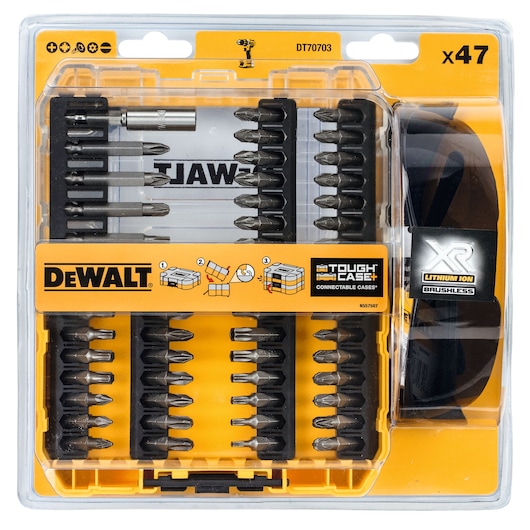Packaged DEWALT DT70703 set containing 47 drill and screwdriver bits in a yellow Tough Case+, with visible branding and product information, suitable for use with lithium ion brushless tools.