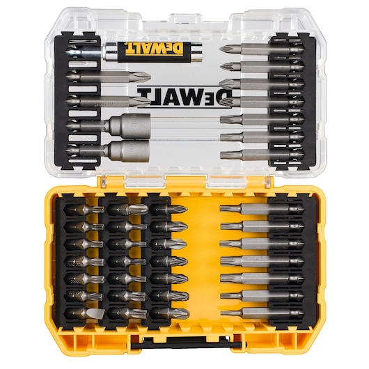 DEWALT DT70705 yellow and clear case with assorted screwdriver bits arranged in rows.