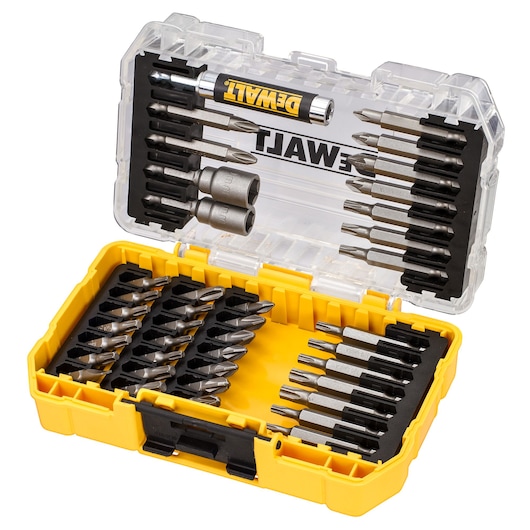 DEWALT DT70705 yellow case with assorted screwdriver bits and sockets for tools, open to show contents.