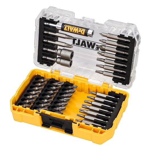 DEWALT DT70705 yellow and clear case containing assorted screwdriver and drill bits.