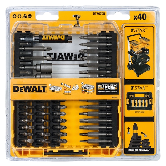 DEWALT DT70705 set with 40 drill and screwdriver bits in a yellow connectable case.