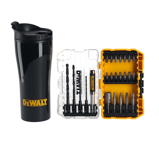 DEWALT drink tumbler and drill bit set with bits in a yellow plastic case, shown open side by side.