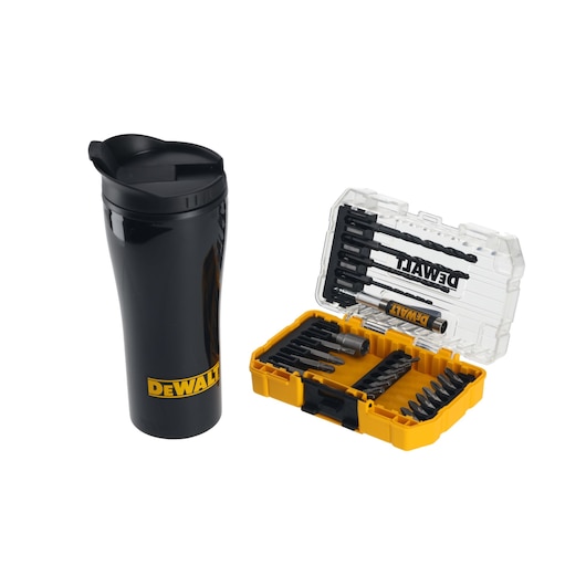 DEWALT travel mug and open yellow drill bit set case with assorted bits, shown on a white background.