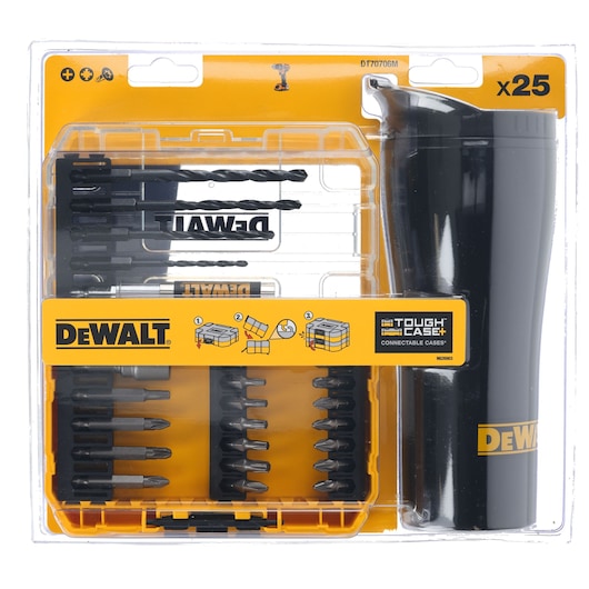 DEWALT DT70706M set with drill bits, screwdriver bits and a black case, total 25 pieces, in clear packaging.