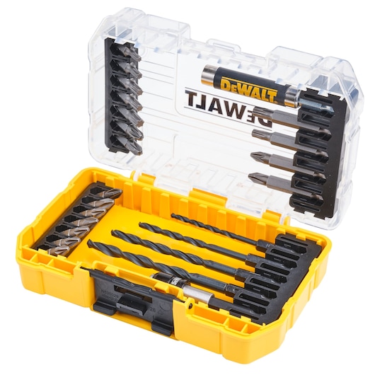 Yellow DEWALT case with a set of drill bits and screwdriver bits organized in compartments.