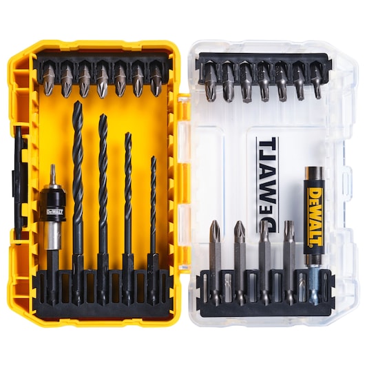 DEWALT drill and screwdriver bit set in a yellow plastic storage case, assorted bits organized for easy access.