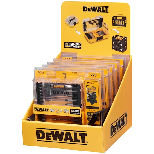 DEWALT DT70708 drill set retail display with multiple yellow Tough Case kits for tools.