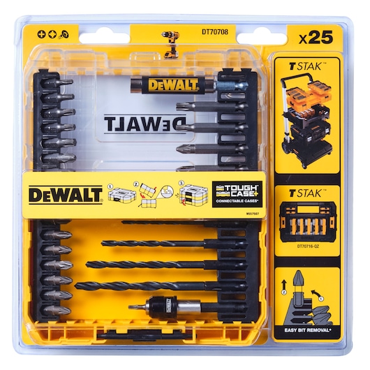 DEWALT DT70708 Tough Case, a 25-piece drill and screwdriver bit set in a yellow and black plastic case. The set includes drill bits, screwdriver bits, and a bit holder, all arranged neatly. The packaging highlights compatibility with TSTAK storage systems and easy bit removal.