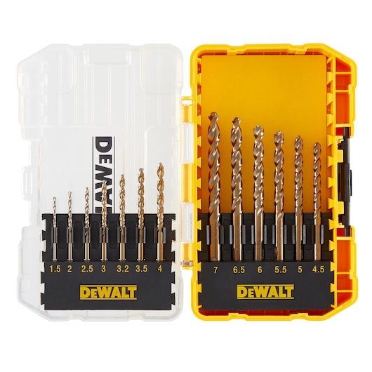DEWALT DT70710 drill bit set in an open yellow and clear case with multiple sizes organized in slots.