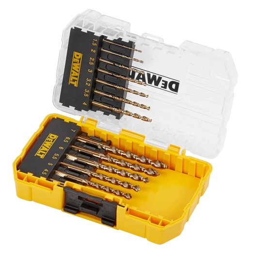 DEWALT drill bit set in a yellow plastic case with clear lid, showing multiple sized bits inside.
