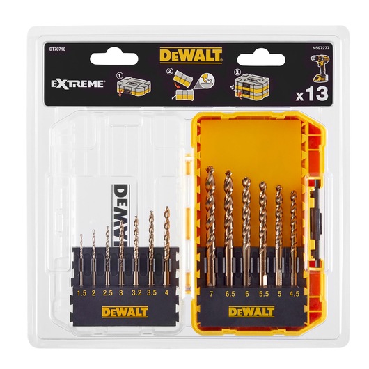 A DEWALT DT70710 Extreme drill bit set with 13 metal drill bits in different sizes arranged in a yellow and black plastic case, shown in retail packaging.