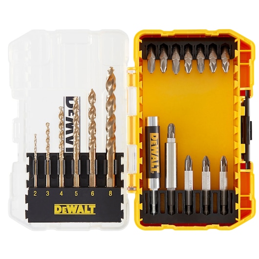 A DEWALT branded drill and screwdriver bit set in a yellow and transparent plastic case. The left side contains drills of various sizes, labeled 2, 3, 4, 5, 6, and 8, while the right side holds multiple screwdriver bits and bit holders, all neatly organized.