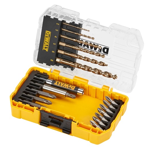 A DEWALT DT70711 yellow and black plastic case containing a set of drill bits and screwdriver bits, with a transparent lid showing the DEWALT logo and numbered slots for each drill bit.