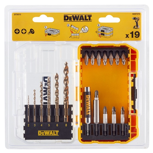 DEWALT DT70711 drill and bit set in plastic case, 19 pieces, with yellow and black branding and labeled slots.