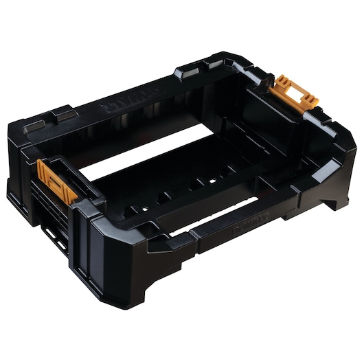 Black DEWALT plastic case frame with yellow latches for organizing and storing tool accessories.