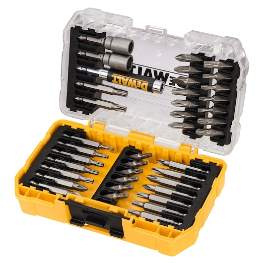 A DEWALT branded yellow and transparent plastic case containing a set of assorted screwdriver bits, nut drivers, and a magnetic bit holder, neatly organized in foam compartments.