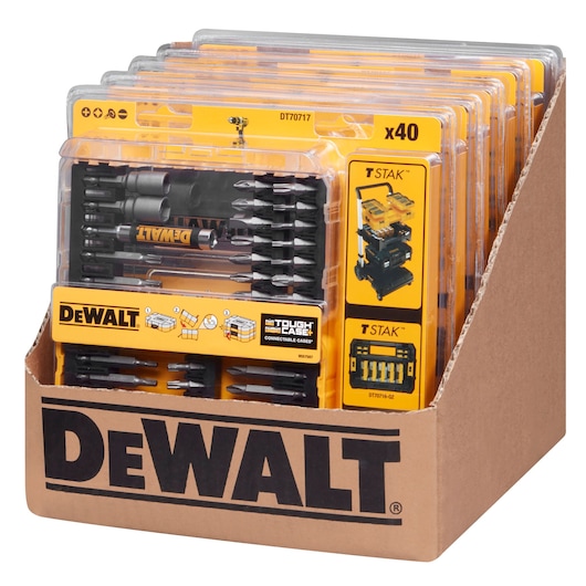 Display box containing multiple DEWALT DT70717 sets of drill and screwdriver bits. Each set is packaged in clear plastic with yellow and black branding, and the box features DEWALT logo.