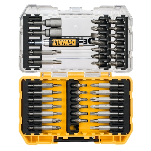 DEWALT DT70717 kit with assorted screwdriver bits and nut drivers in a yellow and black plastic case.