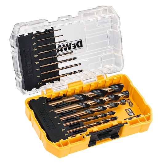 DEWALT drill bit set in a yellow and clear plastic case with assorted sizes arranged in two rows.