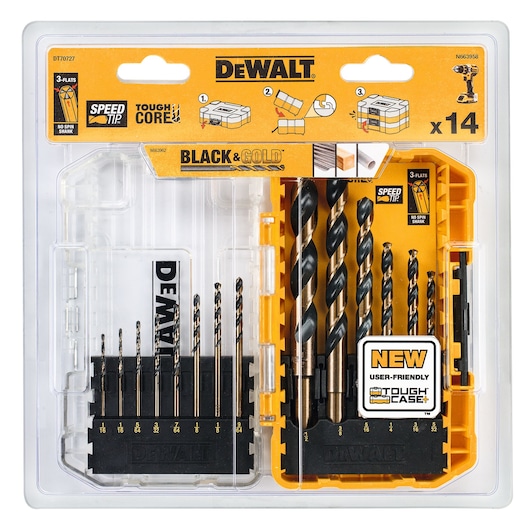 DEWALT DT70727 drill bit set in a plastic case, contains 14 black and gold bits for use with power tools.