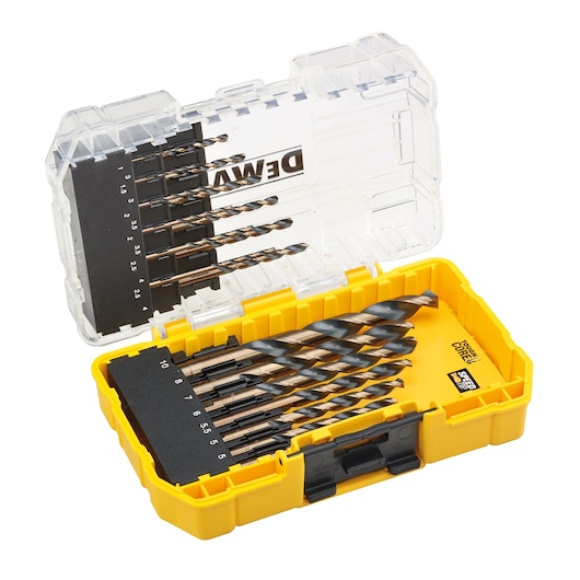 Yellow DEWALT drill bit set in an open plastic case showing various sizes and organized compartments.
