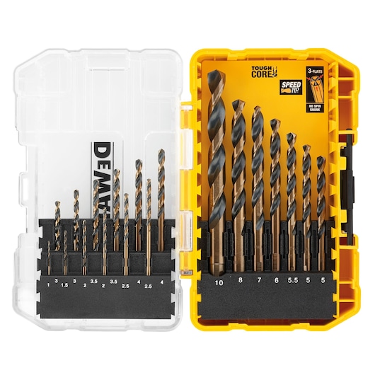 DEWALT DT70728 drill bit set with assorted sizes in a yellow and clear plastic case for organized storage.