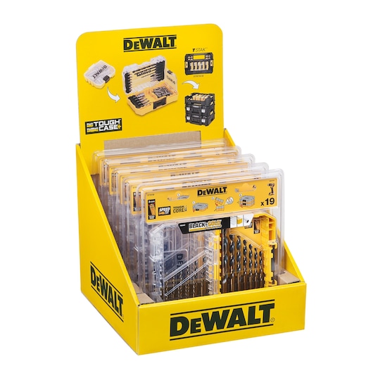 DEWALT DT70728 drill bit set display box with multiple packaged sets in yellow branded packaging.