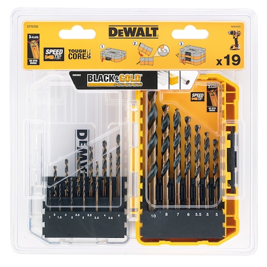 DEWALT DT70728 set with 19 black and gold drill bits in clear and yellow plastic case, sizes labeled.