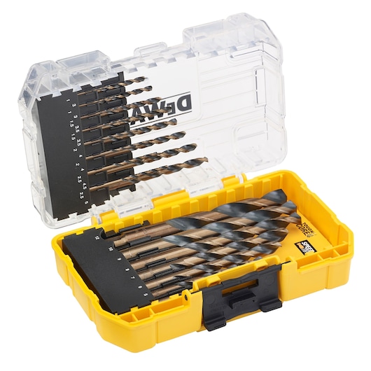 DEWALT drill bit set in a yellow plastic case with transparent lid, showing various drill sizes neatly organized.