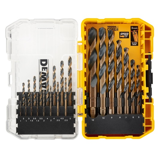 DEWALT drill bit set in a yellow case with various sizes organized for easy access and storage.